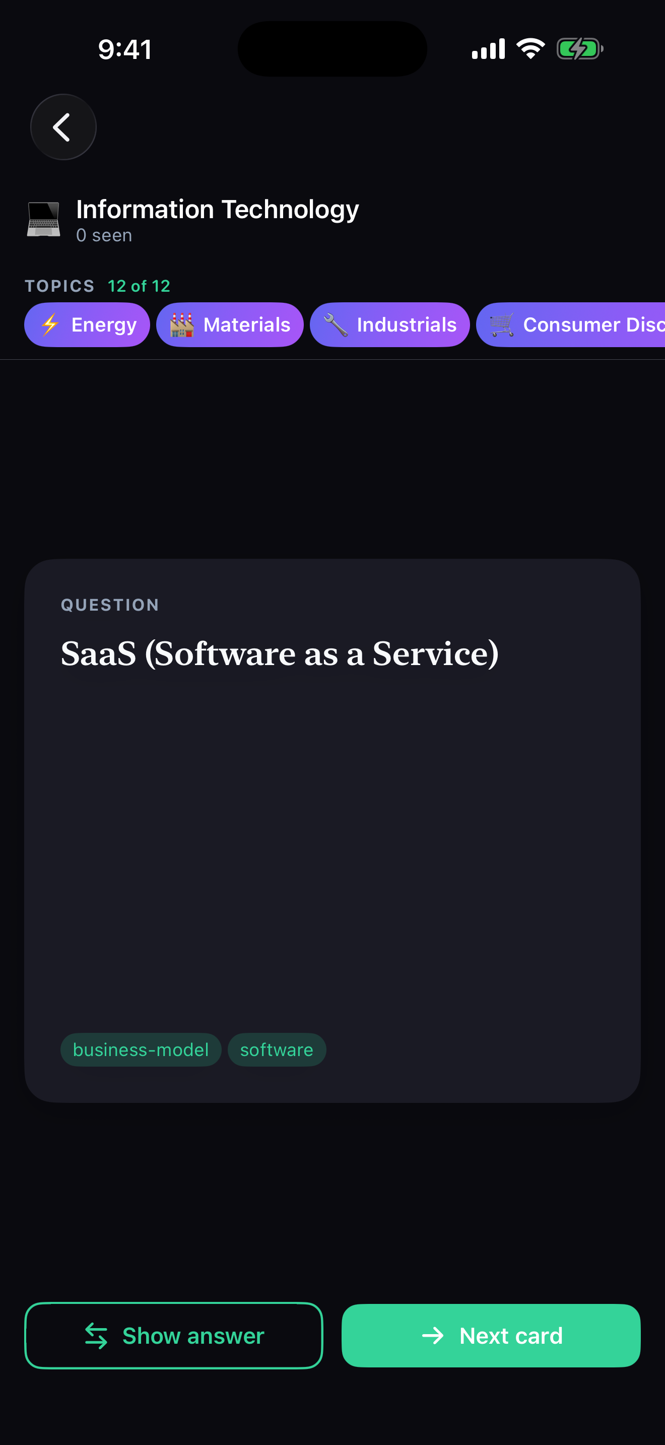 Learn feature — question card
