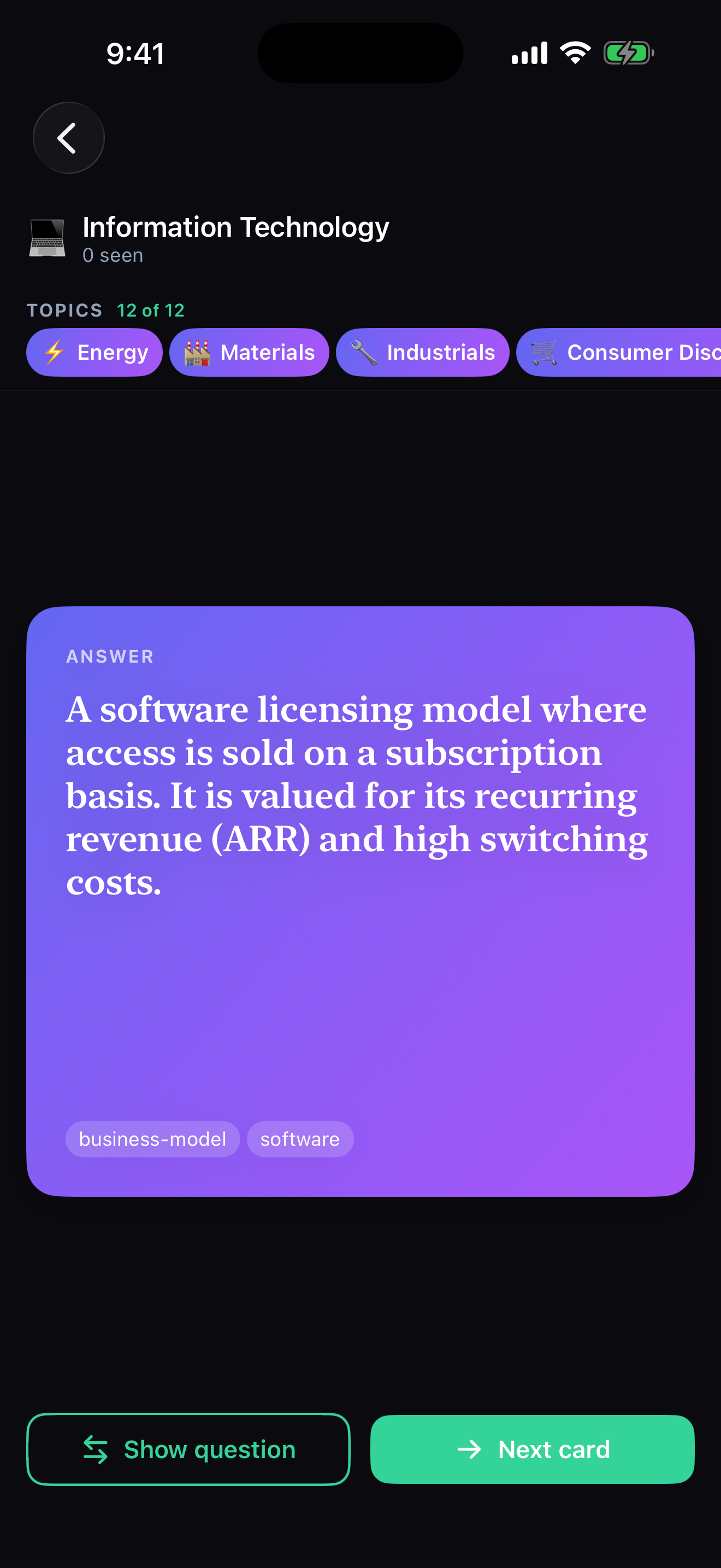 Learn feature — answer card